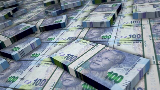 South Africa Rand banknote bundle loop. ZAR money stacks. Concept of business, economy, banking and finance. Camera over cash packs. Loopable seamless 3d animation.