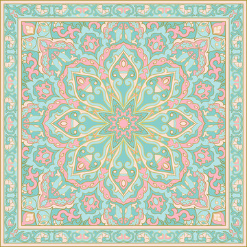 Oriental turquoise and pink carpet.