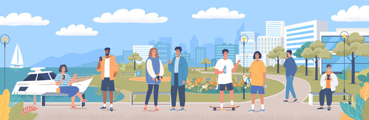 Young people rest and walk on the   promenade of seaside resort city. Cartoon people characters illustration © HilaryDesign