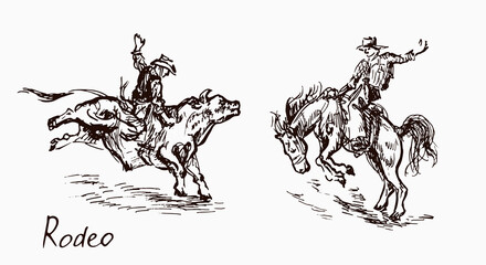 Rodeo, cowboy on bull and on horse, woodcutstyle ink drawing illustration with inscription