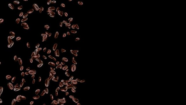 3d loop falling coffee beans, floating wave with focus on foreground Dark abstract background. tea shops, cafe promo, product promo, coffee house, coffee shop, commercials