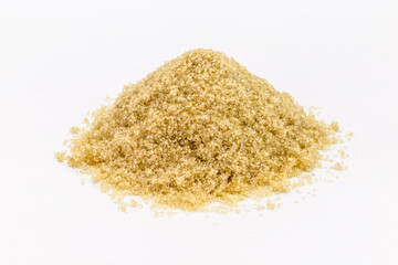 organic sugar pile, raw sugar on isolated white background, Side view of unrefined raw cane sugar pile