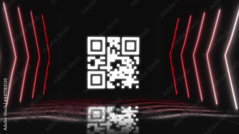 Poster digital animation of glowing qr code with shadow effect over glowing red lines on black background