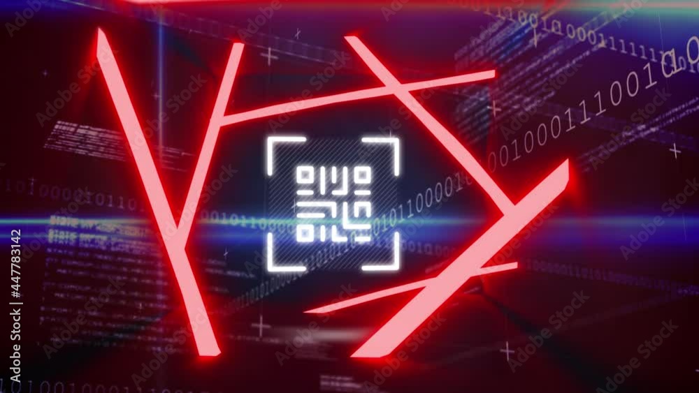 Poster digital animation of glowing qr code and red neon lines over data processing on black background