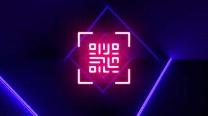 Digital animation of glowing neon pink qr code against glowing neon blue tunnel on black background - Powered by Adobe