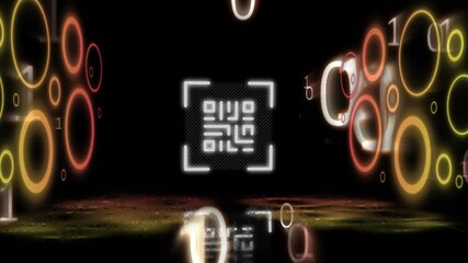 Digital animation of binary coding over glowing qr code and glowing circles on black background