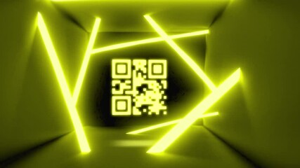 Digital animation of glowing qr code against glowing neon yellow tunnel on black background - Powered by Adobe