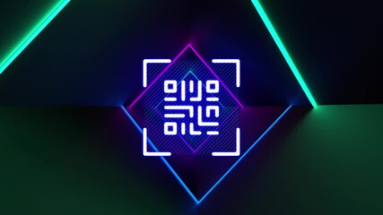 Digital animation of glowing neon blue qr code against neon colorful tunnel on black background - Powered by Adobe