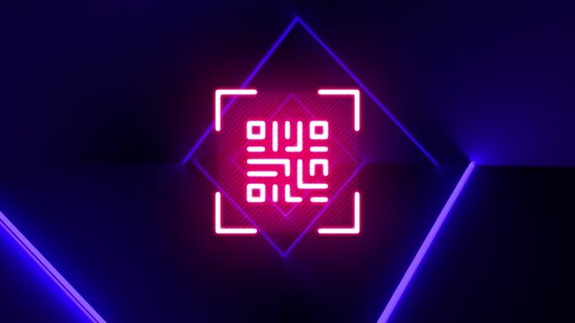 Digital animation of glowing neon pink qr code against glowing neon blue tunnel on black background - Powered by Adobe