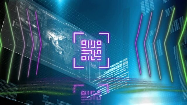 Digital animation of neon qr code and glowing lines over multiple screens with data processing