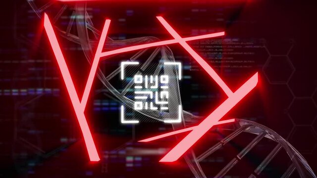 Digital animation of glowing qr code and neon lines over dna structure spinning and mosaic squares - Powered by Adobe