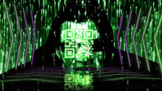 Digital animation of neon qr code and glowing lines over green light trails falling on male hacker