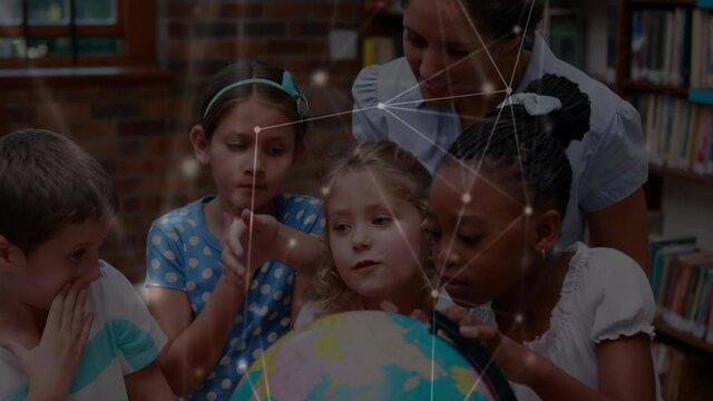 Network of connections over female teacher teaching geography to students at elementary school