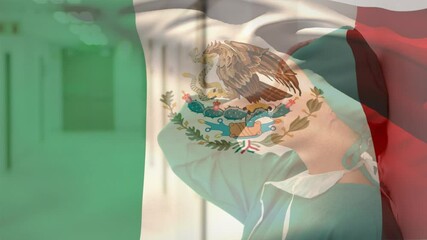 Digital composition of mexico flag waving over stressed caucasian female surgeon smiling at hospital - Powered by Adobe