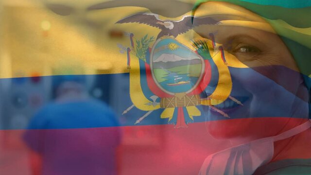 Digital composition of ecuador flag waving against caucasian female surgeon smiling at hospital