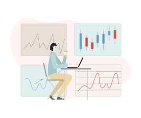 Fototapeta na wymiar Trader woman is drinking coffee, working with chart on stock and incrise revenue on laptop. Concept illustration