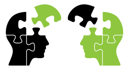 Green and black puzzle heads illustration. Business brainstorm concept vector design puzzle pieces. Information sharing, teamwork, solution, cooperation, strategy concept design.                      