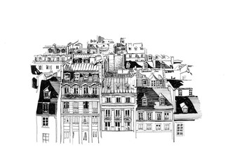 Drawing graphics Paris roof. Hand drawn illustration. Is perfect for interior print decoration, postcard, fabric, sketchbook cover.