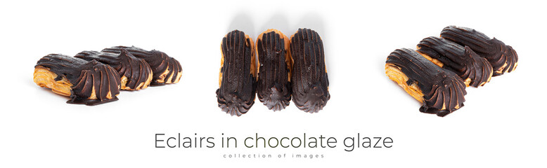 Eclairs in chocolate glaze isolated on a white background.