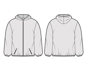 Puffer coat jacket technical fashion illustration with long sleeves, hoody collar, zip-up closure, pockets, boxy fit, hip length. Flat template front, back grey color style. Women, men, unisex top CAD © Vectoressa