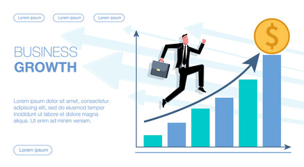 business man runs up the arrow on the chart to capital, which symbolizes business growth flat vector illustration