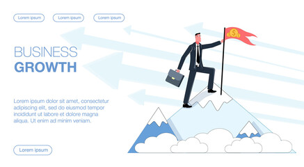 A business man stands on top of a mountain and holds a flag with coins, which symbolizes the business growth flat vector illustration