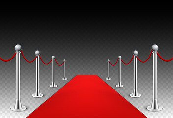 Red carpet event silver barriers background realistic vector illustration. Red carpet luxury entrance celebrity event presentation