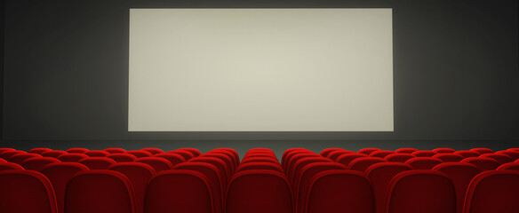 Front view, of an empty cinema theater with blank white screen, to add your own text in it. Horizontal 3D rendering - obrazy, fototapety, plakaty