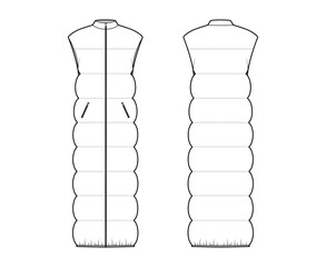 Down vest puffer waistcoat technical fashion illustration with sleeveless, stand collar, zip-up closure, pockets, maxi length, wide quilting. Flat template front, back, white color. Women, men, CAD