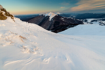 Bieszczady in winter seen from the top of Polonina Wetlinska, the Bieszczady Mountains, the...
