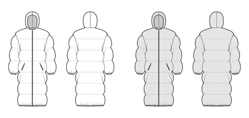 Down puffer coat jacket technical fashion illustration with hoody collar, zip-up closure, oversized, wide quilting. Flat template front, back, white, grey color style. Women, men unisex top CAD mockup © Vectoressa