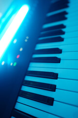 Professional midi keyboard synthesizer in record studio.