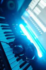 Headphones on the piano keyboard. Recording studio concept.