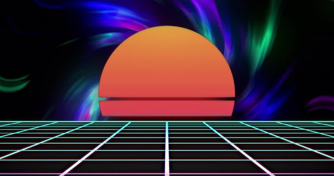 Animation of orange neon sun setting over grid and glowing background