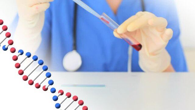 Animation of dna strand spinning over doctor in laboratory