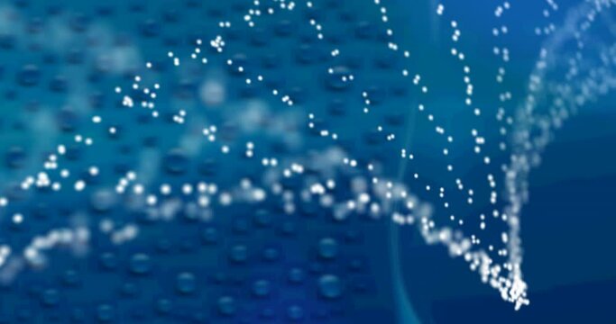 Animation of dna strand spinning over drops of water on blue background