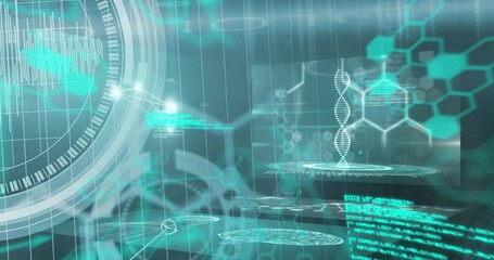 Animation of digital interface chemical formulas over data processing - Powered by Adobe