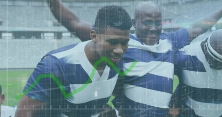 Animation of green line and data processing over rugby players on sports stadium