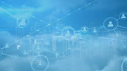 Network of profile icons over 3d city model spinning against clouds in the blue sky - Powered by Adobe
