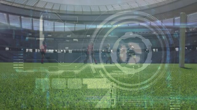 Animation of data processing and rugby players over sports stadium