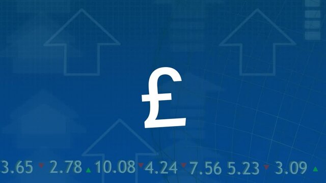 Animation of british pound sign over financial data processing
