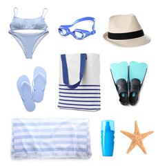 Set with stylish beach bag and other accessories on white background