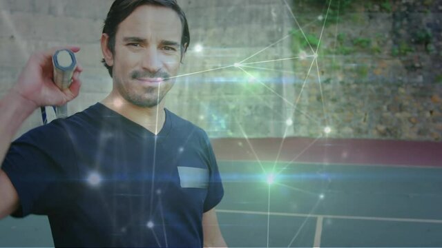 Animation of network of connections over male tennis player at tennis court