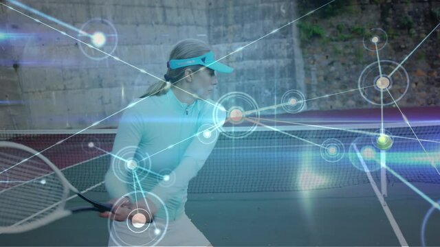 Animation of network of connections over female tennis player at tennis court