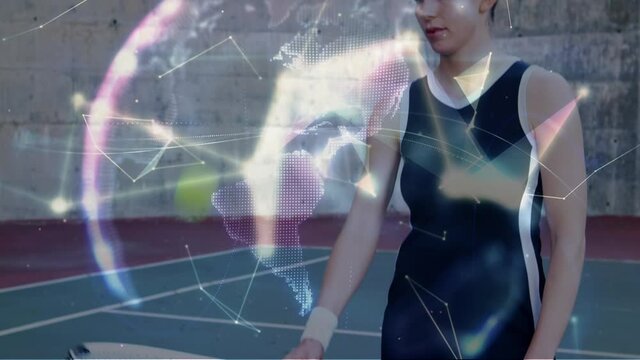 Animation of network of connections over female tennis player at tennis court