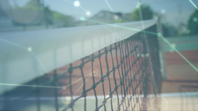 Animation of network of connections over tennis ball at tennis court