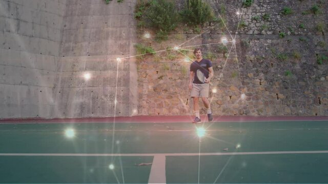 Animation of network of connections over male tennis player at tennis court