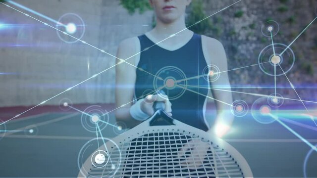 Animation of network of connections over female tennis player at tennis court