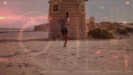 Animation of digital screen and data processing over fit man running by seaside