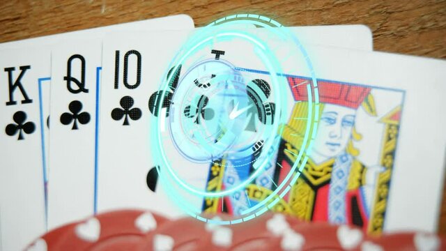 Animation of clock, scope scanning with playing chips and cards - Powered by Adobe
